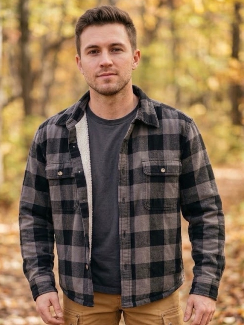 RedHead Men's Sherpa Lined Flannel Shirt Jacket Plaid Gray Black Medium e